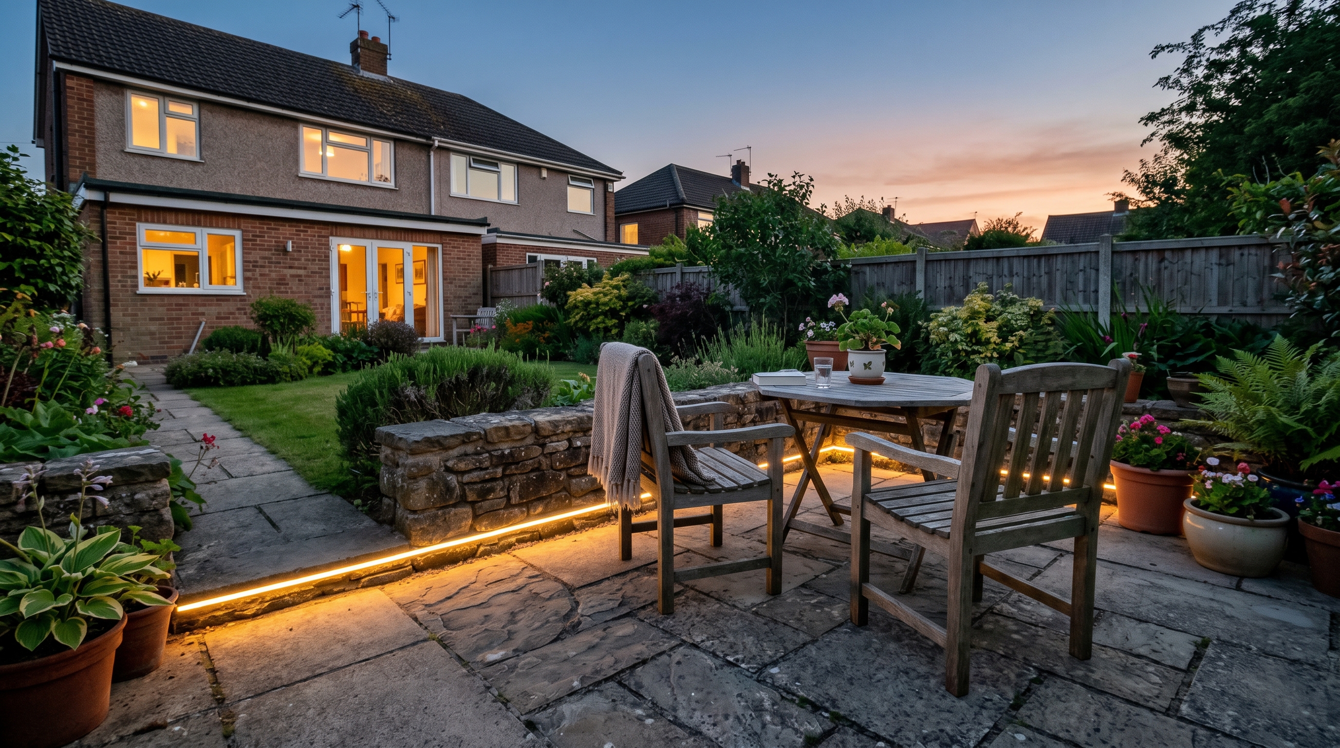 Terrasse mit Steinplatten und LED-Beleuchtung